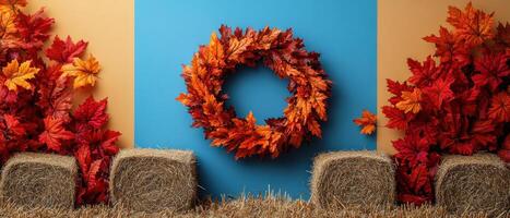 Autumn Harvest Wreath with Hay Bales and Colorful Leaves on Blue and Yellow Background photo