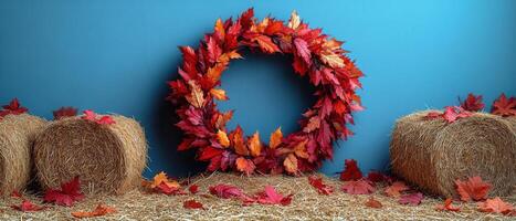 Autumn Wreath with Colorful Leaves and Hay Bales Against Blue Background photo
