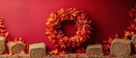 Autumn Wreath with Colorful Leaves and Hay Bales Against a Red Wall Background photo