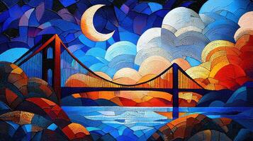 Colorful Mosaic of a Bridge Under a Crescent Moon with Vibrant Sky and Water Reflections photo