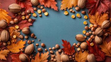 Autumn Leaves and Nuts Frame on Blue Background - Seasonal Fall Composition with Colorful Foliage and Nuts photo