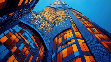 Modern Skyscraper with Illuminated Windows Against a Blue Sky at Dusk photo