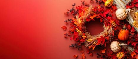 Autumn Harvest Wreath with Pumpkins and Corn on Red Background - Festive Fall Decorations photo