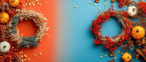 Autumn and Thanksgiving Wreaths with Pumpkins and Corn on Split Orange and Blue Background photo