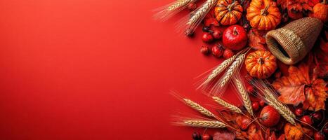 Autumn Harvest Background with Pumpkins, Wheat, and Leaves on Red Backdrop photo