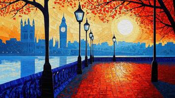 Vibrant Mosaic Art of London Skyline with Big Ben and Thames River at Sunset photo