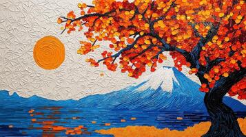 Vibrant Mosaic Art Depicting a Tree with Orange Leaves, Mount Fuji, and a Bright Sun Over a Tranquil Lake photo