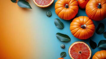 Vibrant Autumn Pumpkins and Citrus Fruits on Colorful Gradient Background with Green Leaves photo