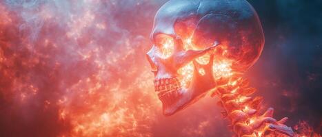 Fiery Skull with Glowing Eyes and Smoke Background - Digital Art of a Burning Skeleton Head photo