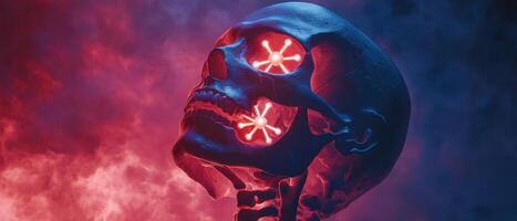Futuristic Skull with Glowing Eyes in a Mystical Red and Blue Smoky Background photo
