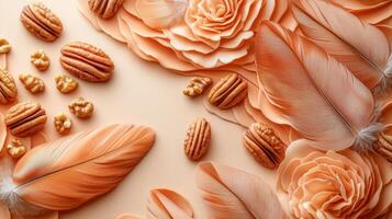 Elegant Composition of Feathers, Flowers, and Nuts on a Soft Peach Background photo