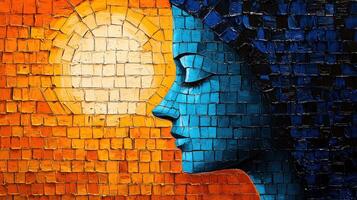 Vibrant Abstract Mosaic Art of a Woman's Profile with Sun in Background photo