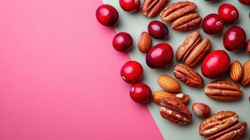 Fresh Cranberries, Almonds, and Pecans on a Pink and Green Background - Healthy Snack Ingredients photo