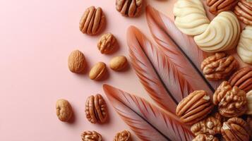 Assorted Nuts and Feathers on a Pastel Background - Creative Flat Lay Composition for Autumn and Nature Themes photo