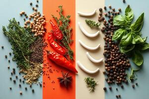 Colorful Assortment of Fresh Herbs, Spices, and Vegetables on a Vibrant Background for Culinary Inspiration photo
