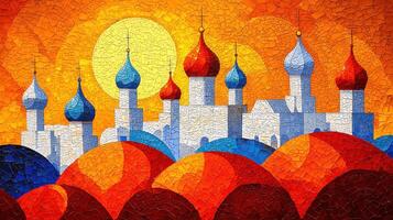 Vibrant Mosaic Artwork of Colorful Domed Buildings Against a Bright Orange and Yellow Background photo