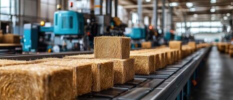Industrial Conveyor Belt with Hay Bales in Modern Factory Setting, Automated Production Line in Agricultural Industry photo
