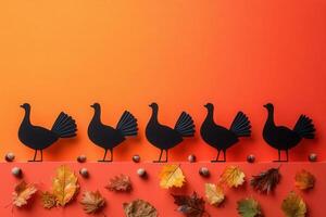 Silhouette of Turkeys with Autumn Leaves and Acorns on Vibrant Orange Background for Thanksgiving and Fall Season photo