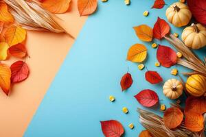 Autumn Harvest Background with Colorful Leaves, Pumpkins, and Corn on a Split Orange and Blue Surface photo