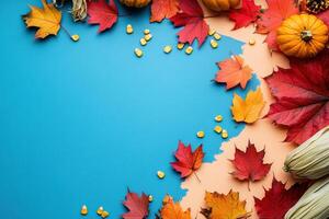 Autumn Leaves and Pumpkins on Blue and Peach Background with Corn Kernels - Seasonal Fall Composition photo