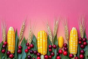 Fresh Corn and Wheat Ears with Red Berries on Pink Background - Vibrant Harvest Display photo