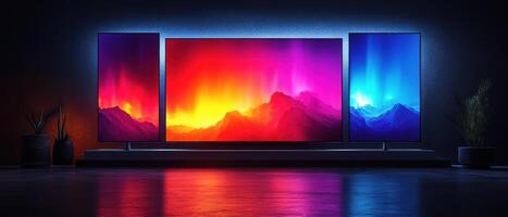 Modern Living Room with Vibrant Multi-Screen Display Featuring Colorful Mountain Landscape photo