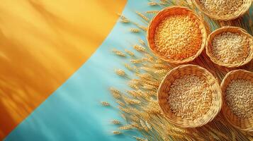 Golden Wheat and Oats in Woven Baskets on Vibrant Yellow and Blue Background photo
