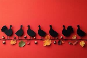 Silhouette of Birds on Branch with Autumn Leaves and Acorns on Vibrant Red Background photo