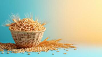 Basket of Golden Wheat Grains on Blue and Yellow Gradient Background with Wheat Stalks photo