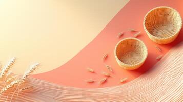 Minimalist Still Life with Woven Baskets and Wheat on Colorful Abstract Background photo