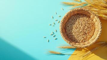 Wicker Basket Filled with Wheat Grains on a Colorful Background with Wheat Stalks photo