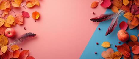 Autumn Leaves and Apples on Colorful Background with Feathers and Berries - Seasonal Fall Composition photo