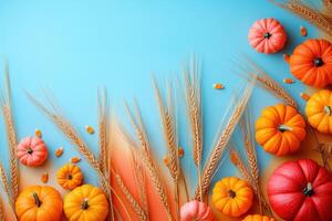 Colorful Autumn Harvest with Pumpkins and Wheat Against a Vibrant Blue Background photo