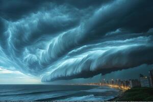 Dramatic Storm Clouds Over Coastal Cityscape with Illuminated Skyline at Dusk photo