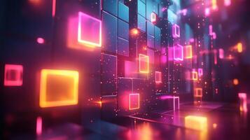 Futuristic Digital Abstract Background with Glowing Neon Squares and Particles in a Virtual Space photo