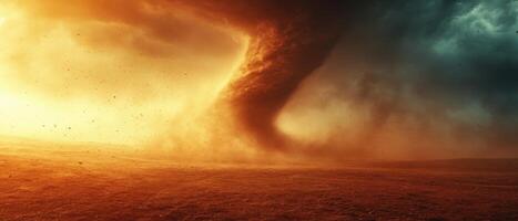 dramático tornado en abierto campo con oscuro Tormentoso cielo y intenso Encendiendo a puesta de sol foto