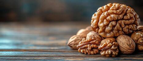 Close-up of Whole and Shelled Walnuts on Rustic Wooden Table with Blurred Background photo