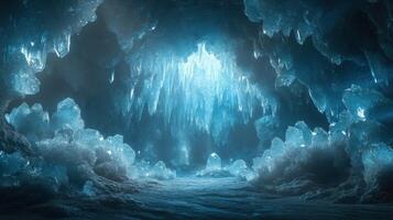 Stunning Ice Cave with Glowing Blue Crystals and Icicles in a Frozen Winter Wonderland photo