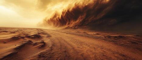 Dramatic Sandstorm Sweeping Across a Vast Desert Landscape Under a Golden Sky photo