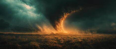 Dramatic Tornado in Open Field with Dark Stormy Sky and Glowing Light photo
