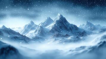 Majestic Snow-Covered Mountain Range Under a Starry Night Sky with Falling Snowflakes photo