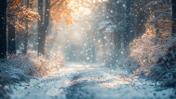 Serene Winter Forest Path with Falling Snowflakes and Golden Autumn Leaves in Morning Light photo