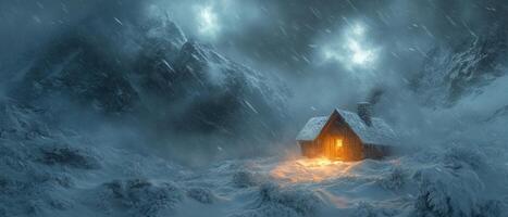 Cozy Wooden Cabin Illuminated in Snowy Mountain Landscape During a Stormy Night photo