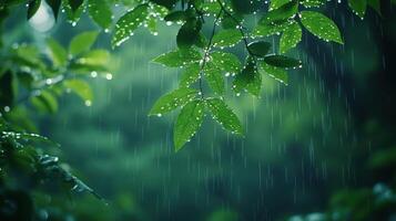 Close-up of Green Leaves with Raindrops in a Lush Forest During Rainfall photo