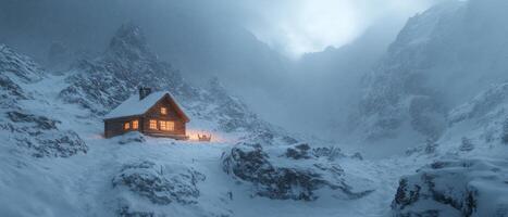 Cozy Wooden Cabin Illuminated in Snowy Mountain Landscape During Winter Evening photo