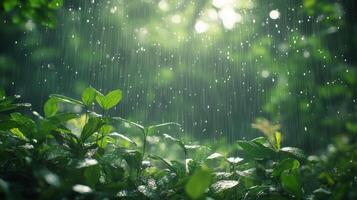 Lush Greenery in a Forest During Rainfall with Sunlight Filtering Through the Trees Creating a Serene and Refreshing Atmosphere photo