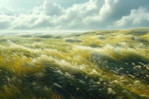 Golden Grass Field Under a Cloudy Sky with Gentle Breeze and Birds in the Distance photo