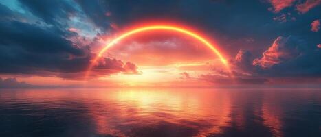 Stunning Sunset Over Ocean with Vibrant Rainbow and Dramatic Clouds Reflecting on Calm Water photo