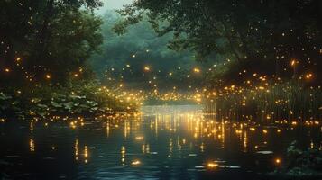 Enchanting Forest River with Glowing Fireflies at Dusk Creating a Magical and Serene Atmosphere photo