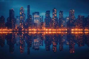 Stunning Nighttime Cityscape with Illuminated Skyscrapers Reflecting on Calm Water photo